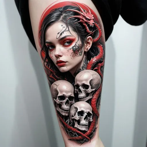 Prompt: Design red white and black  forearm tattoo of a cute woman with dragon heads on her face and a skull Envision a creature with biomechanical enhancements, its form twisted and adapted for survival in the desolate void of space. Android Jones, morozov, gothic art, dark art, tattoo black and red