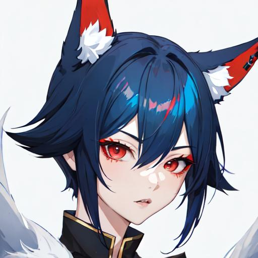 Prompt: androgynous kitsune, short blue hair, red eyes, fox ears downcast, playful look, portrait