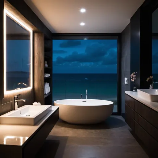 Prompt: a big window in a beach side house bathroom and it’s dark outside with led lights in the room