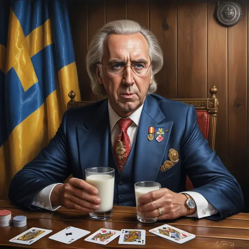 Prompt: Carl XVI Gustaf, Nicolas Cage, playing cards, sauna, drinking milk, Swedish flag on the wall,photorealistic painting, professional, detailed facial features, high resolution, dramatic lighting, historical theme, fine art, regal atmosphere, historical accuracy