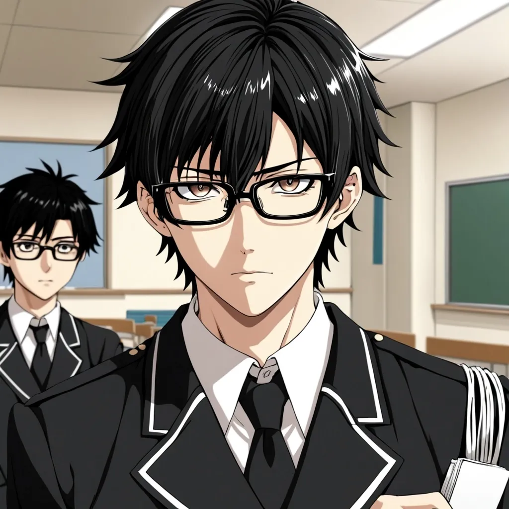 Prompt: anime, boy, highschool, black hair, black with wicht tints uniform black glases,very detailed