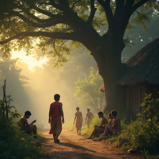 Prompt: "Create a series of realistic, cinematic-style photographs illustrating the inspirational story of an ancient Indian student named Varadraj, who overcomes his struggles in education through perseverance. The setting is in ancient India with traditional Gurukul and village elements. Capture emotions, environment, and key turning points. Each image should have natural lighting, expressive faces, detailed traditional attire, and background storytelling elements. Here are the scenes:"

A young boy (Varadraj) walking toward a traditional Gurukul nestled in a forest. Early morning mist, peaceful surroundings, traditional clothes.

Boys studying under a large tree while a wise guru teaches. Varadraj looks confused or lost.

Other students laughing or whispering about Varadraj. Emphasis on emotional expression.

Varadraj sitting alone near a hut, looking discouraged. Evening light, somber mood.

Guru talking to Varadraj with a compassionate but serious expression. Varadraj looks disheartened.

Varadraj walking away from Gurukul toward his home, dusty rural road. Sad but thoughtful expression.

Women drawing water at a stone well. Realistic textures, rural scene with pottery and trees.

Close-up of the well’s stone surface showing deep rope marks. Symbolic, textured detail.

Varadraj in awe, looking at the marks on the stone. Epiphany moment, mid-day light.

Varadraj returning to Gurukul with determination. Dusty road, sunlight behind him.

Varadraj studying late at night by oil lamp, surrounded by scrolls. Focused, intense mood.

Guru noticing Varadraj’s improvement, smiling with pride. Warm atmosphere.

Group of students listening to Varadraj teaching. Transformation moment.

Varadraj as a young man writing on palm leaves or parchment. Wisdom and peace in his expression.

Final image: a symbolic montage showing his authored works (Laghusiddhantakaumudi, etc.) beside his serene portrait. Glowing light, legacy theme.