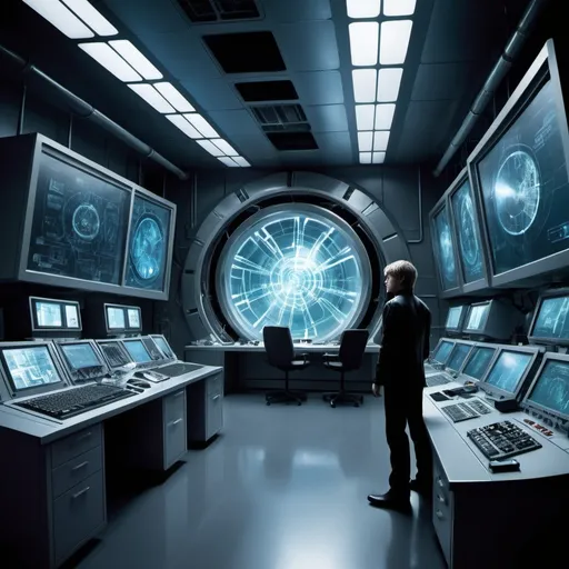 Prompt: For the cover photo, I'd choose the high-tech interior of Sayle Enterprises, where Alex Rider finds himself entangled in a web of intrigue and danger. The sleek, futuristic design of the laboratory or control room, with its monitors, gadgets, and hidden secrets, would capture the essence of the thrilling world Alex navigates in "Stormbreaker." It would create an atmosphere of mystery and suspense, hinting at the challenges and adversaries he faces within the walls of Sayle Enterprises.