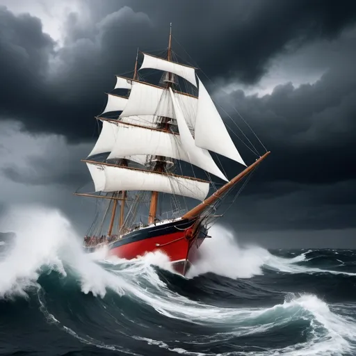 Prompt: A vivid scene of a red hulled frigate sailboat named "LOVE" battling against the ferocity of the ocean. The boat, with its white sails, stands in stark contrast against the dark, tumultuous waters. The waves, towering and wild, crash around the boat, sending sprays of white foam into the air. The sky overhead is stormy, with dark clouds swirling ominously, hinting at the tempest raging around. Despite the chaos, the sailboat remains resilient, its sails taut and its bow cutting through the waves with determination. The scene captures the raw power of nature and the indomitable spirit of the vessel.