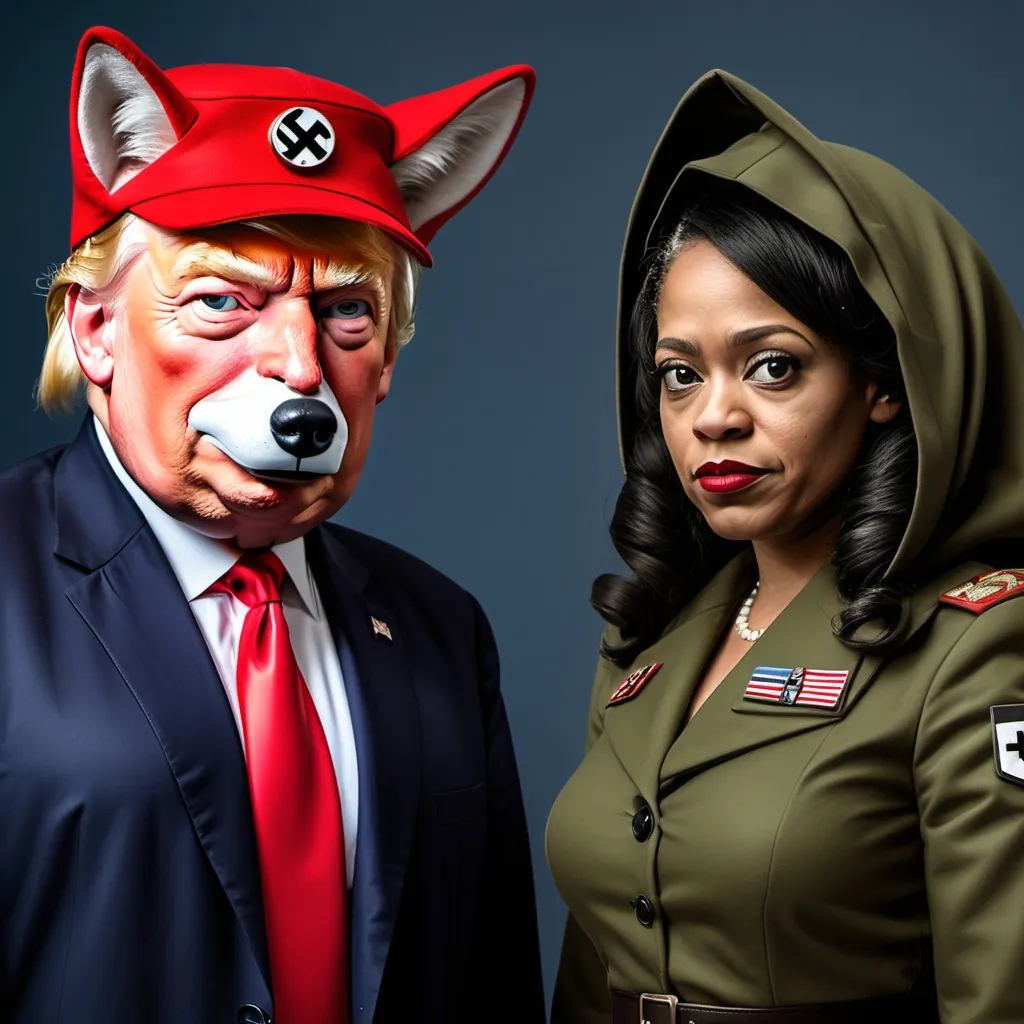 Prompt: Trump in Nazi military uniform as the big bad wolf and Kammalah harris as little red riding hood with a russian military dress on