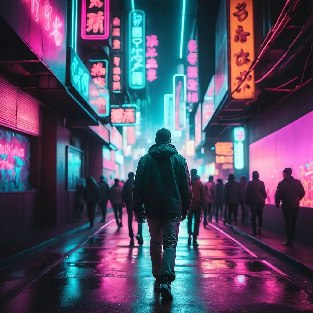 Prompt: man walking through neon lights city 