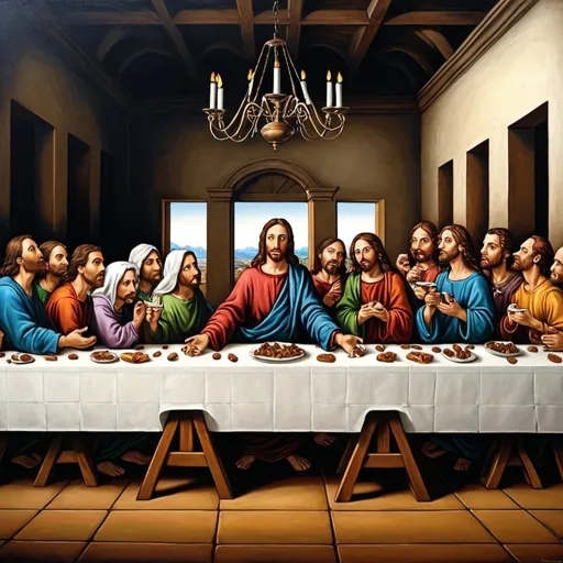 Prompt: The last supper, but the table is full of cannolis, my canvas is 37.5” tall and 45.5” wide, I want it to look original but with a touch of modernness and clearer picture, make sure their noses and eyes look normal