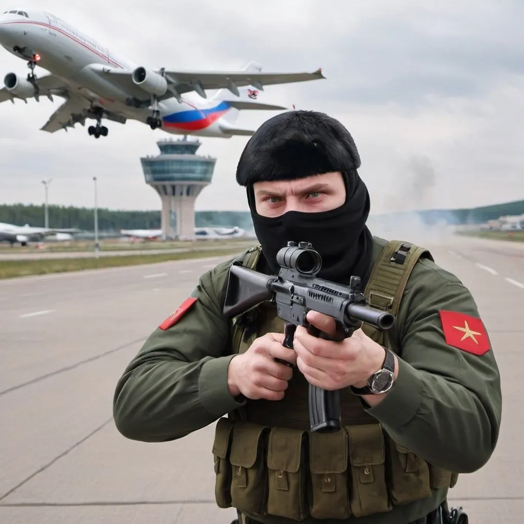 Prompt: russian shooting a airport up