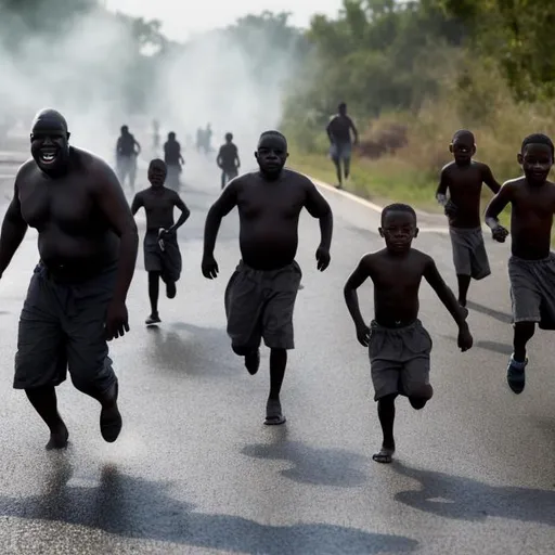 Prompt: Big black oily men chasing kids