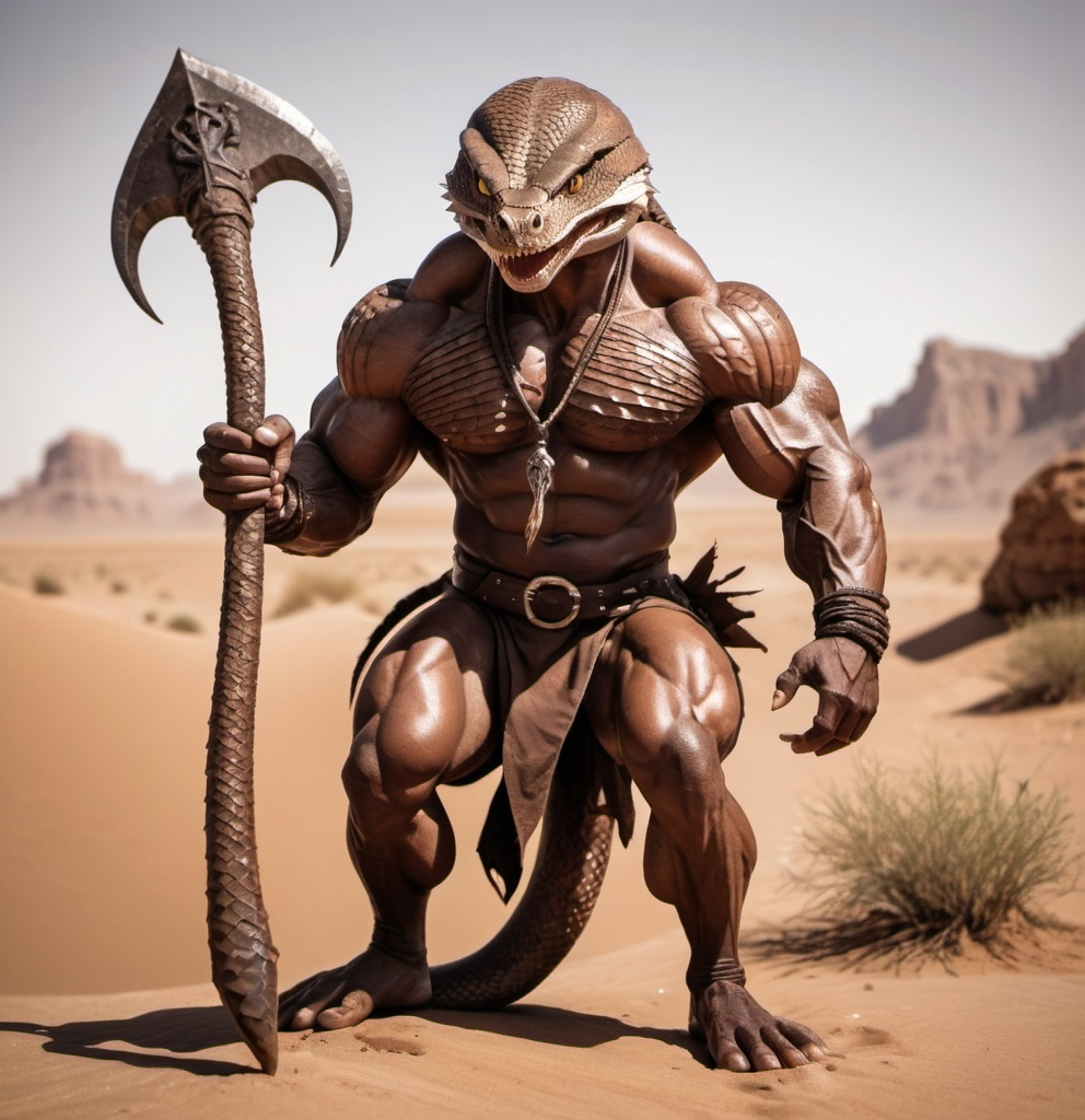 Prompt: Brown Snakeman with muscles and axes in a desert