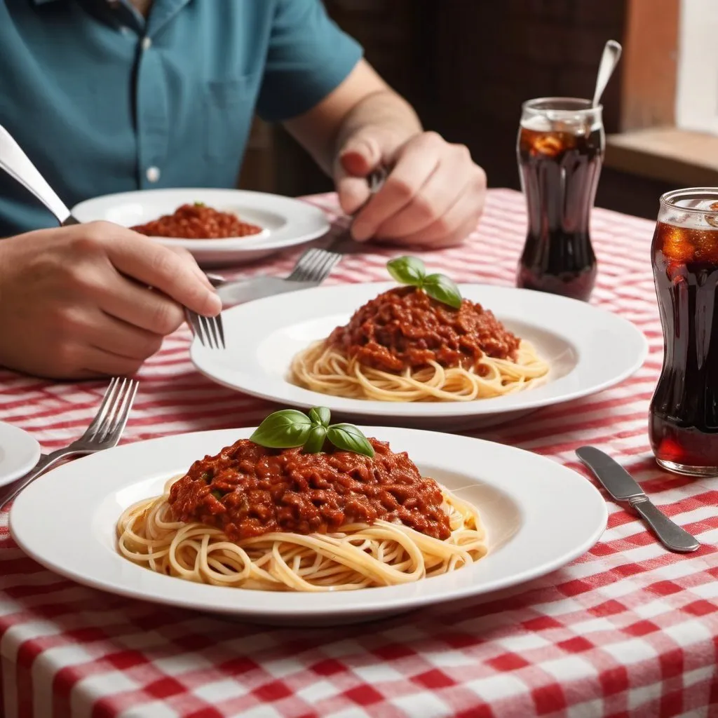 Prompt: focus on a restaurant table with a table cloth in Italian colours. On the table there is a dish with spaghetti bolognese and a coke can. Hands with cutlery cutting the food. Create image suitable for phone portrait view.