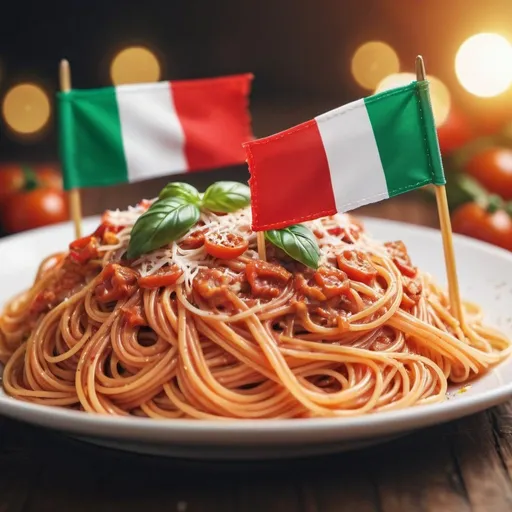 Prompt: Italian and Thai celebrating Italian spaghetti together, background 50% blurred, high quality, detailed Italian flag, festive atmosphere, colourful celebration, spaghetti celebration, focus food, calm atmosphere, top banner size, phone size