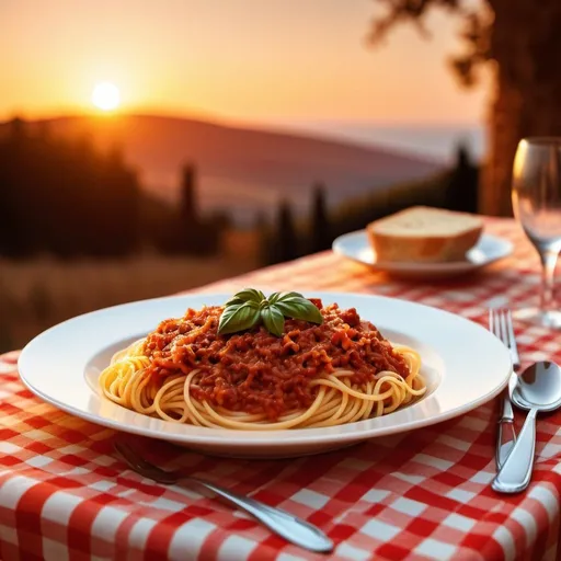 Prompt: Table with italian style table cloth, sunset background, spaghetti bolognese on the dish, parmesan cheese, elegant cutlery, blurred sunset, high quality, digital art, sunset lighting, Italian detailed fabric texture, warm tones, flag, sunset in the  horizon