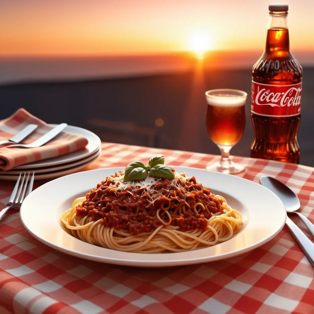 Prompt: Table with italian style table cloth, sunset background, spaghetti bolognese on the dish, parmesan cheese, elegant cutlery, blurred sunset, high quality, digital art, sunset lighting, Italian detailed fabric texture, warm tones, flag, sunset in the  horizon, coke can on the side, focus on the dish