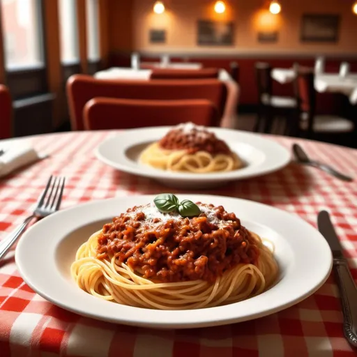 Prompt: Table with italian style table cloth, calm and cozy background, spaghetti bolognese on the dish, parmesan cheese, nice cutlery, blurred background, high quality, digital art, ambient lighting, Italian detailed fabric texture, warm tones, inside a traditional restaurant, a coke can on the side, focus on the dish