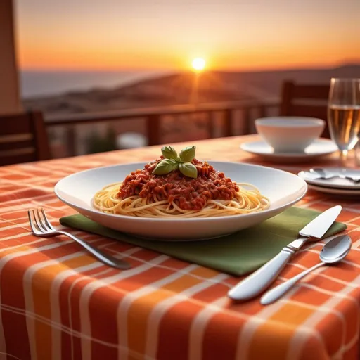 Prompt: Table with italian style table cloth, sunset background, spaghetti bolognese on the dish, parmesan cheese, elegant cutlery, blurred sunset, high quality, digital art, sunset lighting, Italian detailed fabric texture, warm tones, flag, sunset in the  horizon