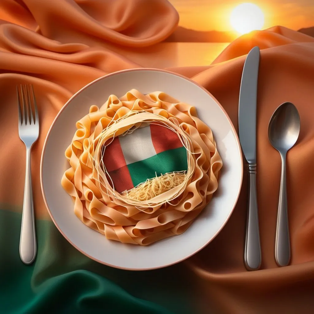 Prompt: Thailand-Italy flag fusion on silk fabric, sunset background, bolognese pasta, parmesan cheese, elegant cutlery, blurred sunset, high quality, digital art, sunset lighting, Italian-Thai fusion, detailed fabric texture, warm tones, flag fusion, sunset glow