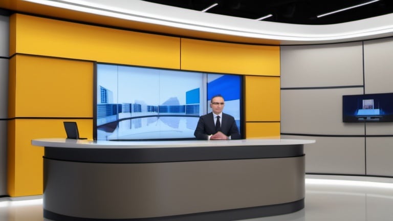 Prompt: The background of the image features a modern and minimalist setting. The wall behind the news desk is painted in a neutral color, such as light gray or beige, creating a clean and unobtrusive backdrop.

In the foreground, a sleek and contemporary news desk is positioned directly facing the camera. The desk is constructed with smooth lines and minimalist design elements, exuding professionalism and sophistication.

The camera, situated at a 90-degree angle to the wall, captures the scene with precision and clarity. No people or  chair behind the desk.  Strategically placed lighting fixtures illuminate the news desk, ensuring optimal visibility and enhancing the overall aesthetic appeal. The screen on the wall displays a yellow background and "GATE 14 News" entered in Sans Serif style with a thin text box around the words.

The ambiance of the image is characterized by its simplicity and functionality, embodying a modern approach to broadcasting and journalism.