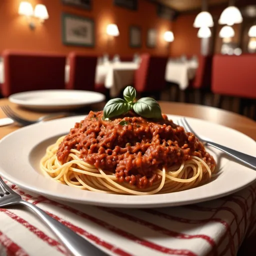 Prompt: Table with italian style table cloth, calm and cozy background, spaghetti bolognese on the dish, parmesan cheese, nice cutlery, blurred background, high quality, digital art, ambient lighting, Italian detailed fabric texture, warm tones, inside a traditional restaurant, a coke can on the side, focus on the dish