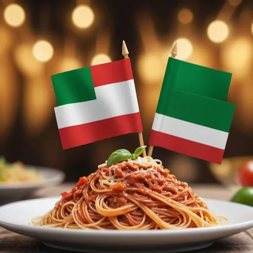 Prompt: Italian and Thai flags celebrating Italian spaghetti together, background 50% blurred, high quality, detailed flags, festive atmosphere, colourful celebration, spaghetti celebration, Italian flag, Thai flag, calm atmosphere, top banner size, phone size