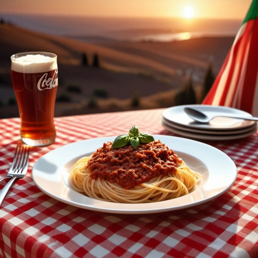 Prompt: Table with italian style table cloth, calm and cozy background, spaghetti bolognese on the dish, parmesan cheese, nice cutlery, blurred background, high quality, digital art, ambient lighting, Italian detailed fabric texture, warm tones, flag, sunset in the  horizon, a coke can on the side, focus on the dish