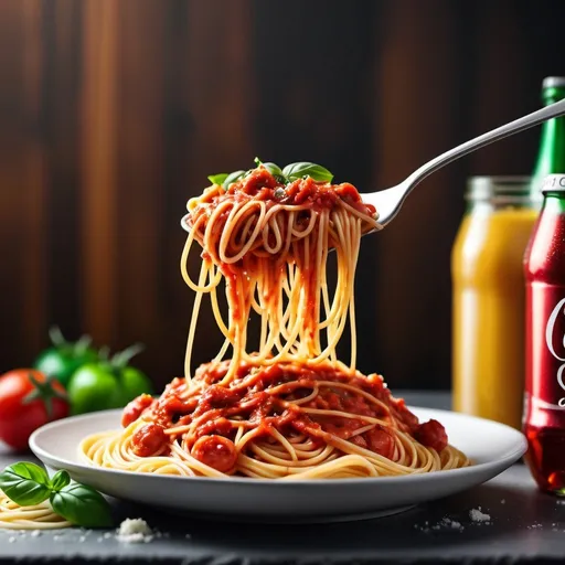 Prompt: Italian and Thai celebrating Italian spaghetti together, background 50% blurred, high quality, Italian colours as stripe at the top of the image, festive atmosphere, colourful celebration, spaghetti celebration, focus food, calm atmosphere, top banner size, phone size, coke can right back side of the dish