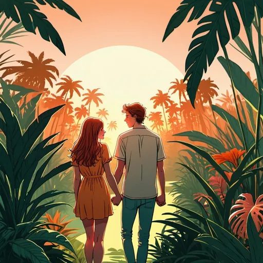Prompt: young couple in love,  seen from behind, beautiful sunrise, tropical plants on both sides, holding hands, warm colours, digital art, high quality, name tag 'Bobsy', name tag 'My Wife'