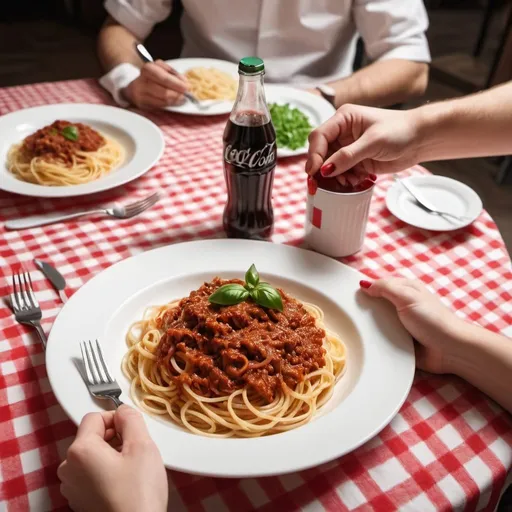 Prompt: focus on a restaurant table with a table cloth in Italian colours. On the table there is a dish with spaghetti bolognese and a coke can. Hands with cutlery cutting the food. Create image suitable for phone portrait view.