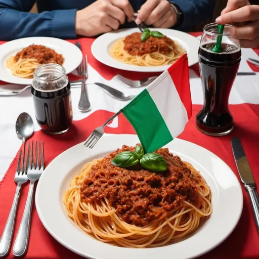 Prompt: Restaurant table with Italian flag colors table cloth, close-up of spaghetti bolognese dish, hands holding cutlery, coke can, phone portrait view, fine dining, vibrant colors, detailed cutlery, high quality, Italian cuisine, traditional setting, close-up shot, appetizing food, cozy atmosphere, natural lighting