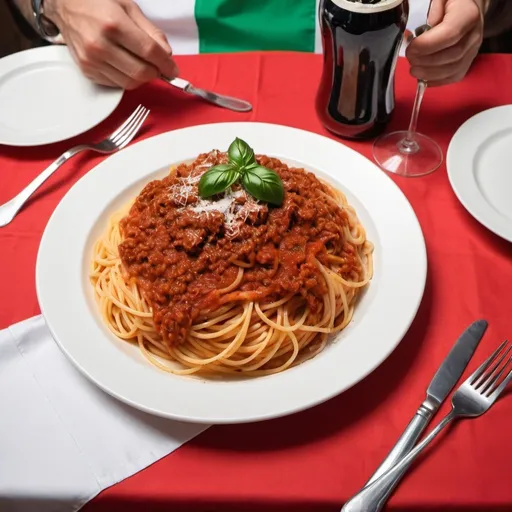 Prompt: Restaurant table with Italian flag colors table cloth, close-up of spaghetti bolognese dish, hands holding cutlery, coke can, phone portrait view, fine dining, vibrant colors, detailed cutlery, high quality, Italian cuisine, traditional setting, close-up shot, appetizing food, cozy atmosphere, natural lighting