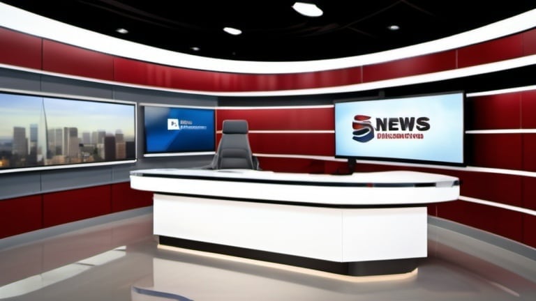Prompt: The background of the image features a modern and minimalist setting. The wall behind the news desk is painted in a neutral color, such as light gray or beige, creating a clean and unobtrusive backdrop.

In the foreground, a sleek and contemporary news desk is positioned directly facing the camera. The desk is constructed with smooth lines and minimalist design elements, exuding professionalism and sophistication.

The camera, situated at a 90-degree angle to the wall, captures the scene with precision and clarity. Strategically placed lighting fixtures illuminate the news desk, ensuring optimal visibility and enhancing the overall aesthetic appeal.

The ambiance of the image is characterized by its simplicity and functionality, embodying a modern approach to broadcasting and journalism.