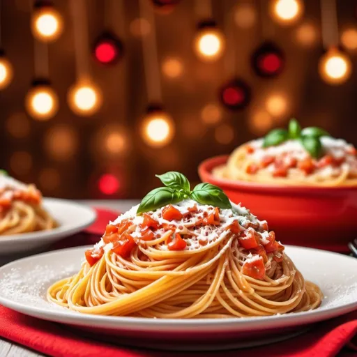 Prompt: Thai-Italian spaghetti celebration, high quality, Italian table cloth, festive atmosphere, colorful celebration, parmesan cheese on top, focus on food, calm atmosphere, blurred background 50%, top banner size, phone size, coke can back side, celebration, detailed pasta, professional, atmospheric lighting, food art, colorful, festive, cozy ambiance