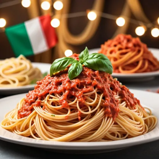 Prompt: Italian and Thai celebrating Italian spaghetti together, background 50% blurred, high quality, Italian colours as stripe at the top of the image,  festive atmosphere, colourful celebration, spaghetti celebration, focus food, calm atmosphere, top banner size, phone size