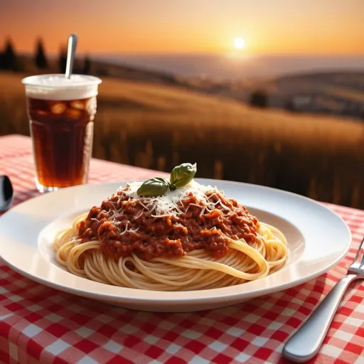 Prompt: Table with italian style table cloth, calm and cozy background, spaghetti bolognese on the dish, parmesan cheese, nice cutlery, blurred background, high quality, digital art, ambient lighting, Italian detailed fabric texture, warm tones, flag, sunset in the  horizon, a coke can on the side, focus on the dish