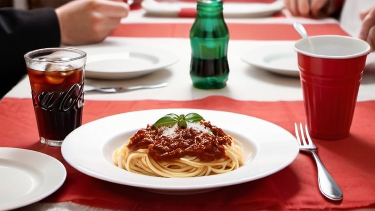 Prompt: focus on a restaurant table with a table cloth in Italian colours. On the table there is a dish with spaghetti bolognese and a coke can. Hands with cutlery cutting the food.