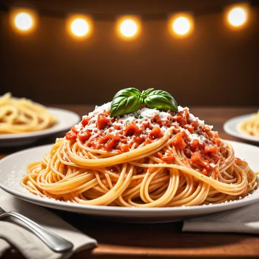 Prompt: Thai-Italian spaghetti celebration, high quality, Italian table cloth,, parmesan cheese on top, focus on food, calm atmosphere, blurred background 50%, top banner size, phone size, coke can back side,  detailed pasta, professional, atmospheric lighting, food art, colourful, festive, cozy ambiance