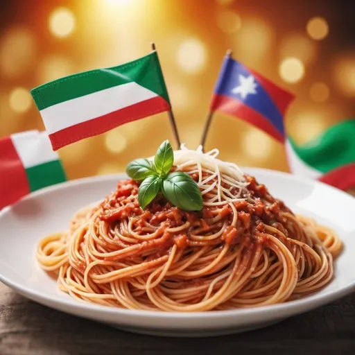 Prompt: Italian and Thai celebrating Italian spaghetti together, background 50% blurred, high quality, detailed Italian flag, festive atmosphere, colourful celebration, spaghetti celebration, focus food, calm atmosphere, top banner size, phone size