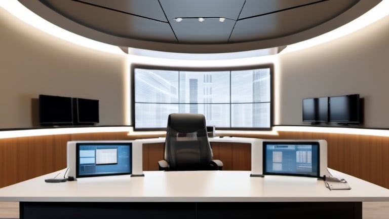 Prompt: The background of the image features a modern and minimalist setting. The wall behind the news desk is painted in a neutral color, such as light gray or beige, creating a clean and unobtrusive backdrop.

In the foreground, a sleek and contemporary news desk is positioned directly facing the camera. The desk is constructed with smooth lines and minimalist design elements, exuding professionalism and sophistication.

The camera, situated at a 90-degree angle to the wall, captures the scene with precision and clarity. No people or office chair behind the desk in the room. Strategically placed lighting fixtures illuminate the news desk, ensuring optimal visibility and enhancing the overall aesthetic appeal.

The ambiance of the image is characterized by its simplicity and functionality, embodying a modern approach to broadcasting and journalism.