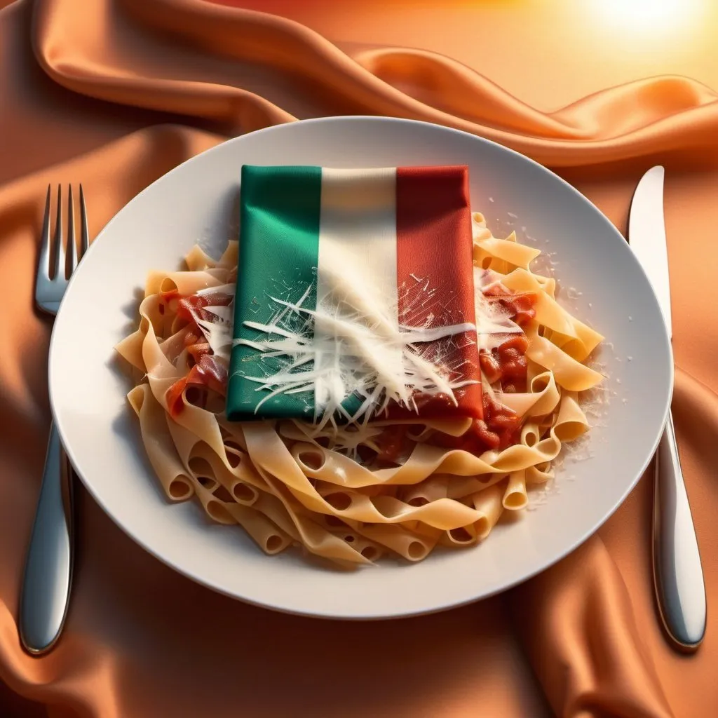 Prompt: Thailand-Italy flag fusion on silk fabric, sunset background, bolognese pasta, parmesan cheese, elegant cutlery, blurred sunset, high quality, digital art, sunset lighting, Italian-Thai fusion, detailed fabric texture, warm tones, flag fusion, sunset glow