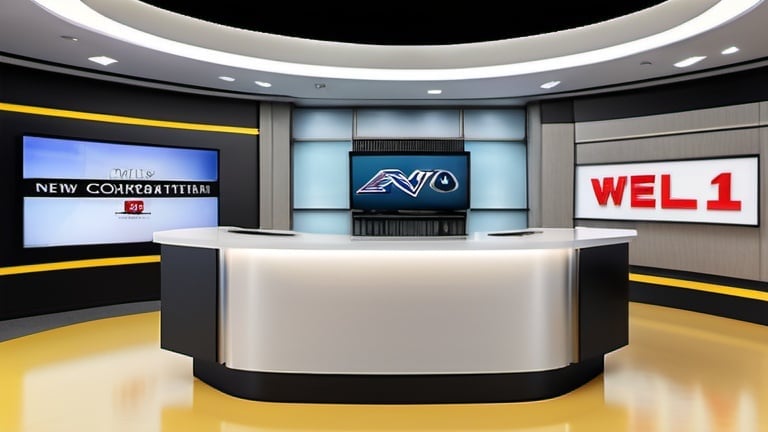 Prompt: The background of the image features a modern and minimalist setting. The wall behind the news desk is painted in a neutral color, such as light gray or beige, creating a clean and unobtrusive backdrop.

In the foreground, a sleek and contemporary news desk is positioned directly facing the camera. The desk is constructed with smooth lines and minimalist design elements, exuding professionalism and sophistication.

The camera, situated at a 90-degree angle to the wall, captures the scene with precision and clarity. No people or  chair behind the desk.  Strategically placed lighting fixtures illuminate the news desk, ensuring optimal visibility and enhancing the overall aesthetic appeal. The screen on the left wall displays a yellow background with "GATE 14 News" witten in Sans Serif style within a thin frame entered on the screen.

The ambiance of the image is characterized by its simplicity and functionality, embodying a modern approach to broadcasting and journalism.