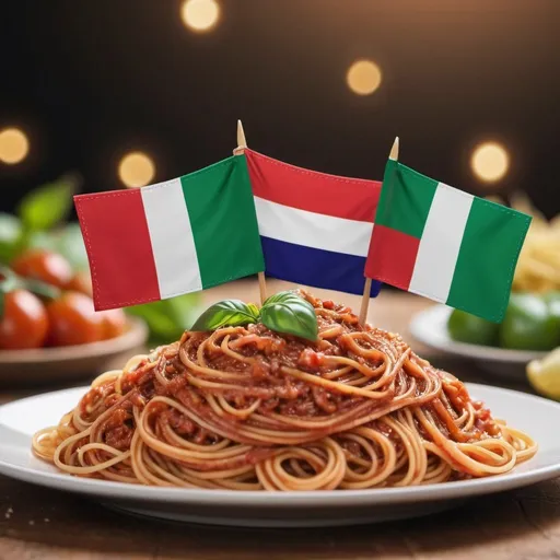 Prompt: Italian and Thai flags celebrating Italian spaghetti together, background 50% blurred, high quality, detailed flags, festive atmosphere, colourful celebration, spaghetti celebration, Italian flag, Thai flag, calm atmosphere, top banner size, phone size