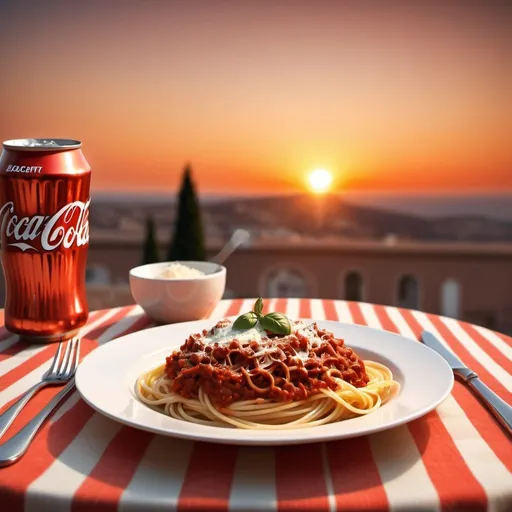Prompt: Table with italian style table cloth, sunset background, spaghetti bolognese on the dish, parmesan cheese, elegant cutlery, blurred sunset, high quality, digital art, sunset lighting, Italian detailed fabric texture, warm tones, flag, sunset in the  horizon, coke can on the side, focus on the dish