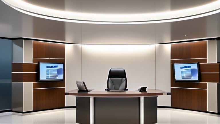 Prompt: The background of the image features a modern and minimalist setting. The wall behind the news desk is painted in a neutral color, such as light gray or beige, creating a clean and unobtrusive backdrop.

In the foreground, a sleek and contemporary news desk is positioned directly facing the camera. The desk is constructed with smooth lines and minimalist design elements, exuding professionalism and sophistication.

The camera, situated at a 90-degree angle to the wall, captures the scene with precision and clarity. No people or office chair behind the desk in the room. Strategically placed lighting fixtures illuminate the news desk, ensuring optimal visibility and enhancing the overall aesthetic appeal.

The ambiance of the image is characterized by its simplicity and functionality, embodying a modern approach to broadcasting and journalism.