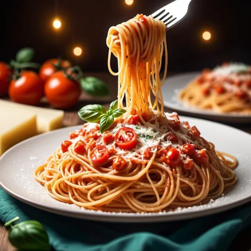Prompt: Thai-Italian spaghetti celebration, high quality, Italian table cloth,, parmesan cheese on top, focus on food, calm atmosphere, blurred background 50%, top banner size, phone size, coke can back side,  detailed pasta, professional, atmospheric lighting, food art, colourful, festive, cozy ambiance