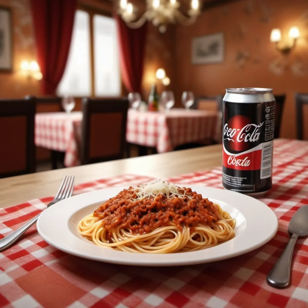 Prompt: Table with italian style table cloth, calm and cozy background, spaghetti and bolognese mixed on the dish, parmesan cheese, nice cutlery, blurred background, high quality, digital art, ambient lighting, Italian detailed fabric texture, warm tones, inside a traditional restaurant, a coke can beside the dish, focus on the dish
