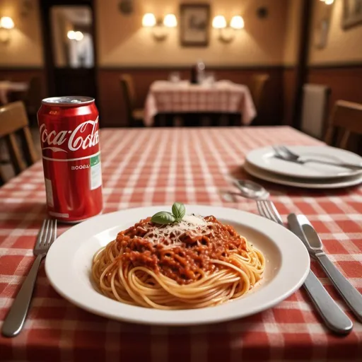 Prompt: Table with italian style table cloth, calm and cozy background, spaghetti and bolognese mixed on the dish, parmesan cheese, nice cutlery, blurred background, high quality, digital art, ambient lighting, Italian detailed fabric texture, warm tones, inside a traditional restaurant, a coke can beside the dish, focus on the dish
