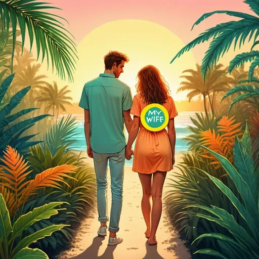 Prompt: young couple in love,  seen from behind, beautiful sunrise, tropical plants on both sides, holding hands, warm colours, digital art, high quality, name tag on woman back 'Bobsy', name tag on man back  'My Wife'
