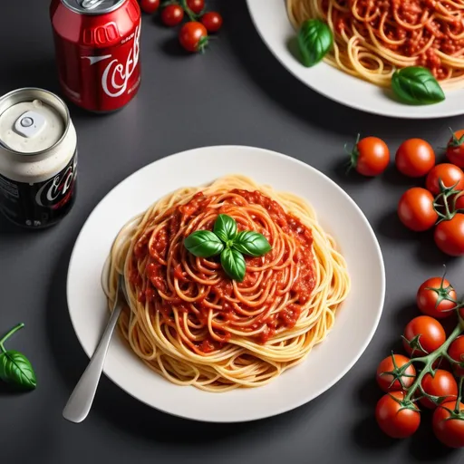 Prompt: Italian and Thai celebrating Italian spaghetti together, background 50% blurred, high quality, Italian colours as stripe at the top of the image, festive atmosphere, colourful celebration, spaghetti celebration, focus food, calm atmosphere, top banner size, phone size, coke can right back side of the dish