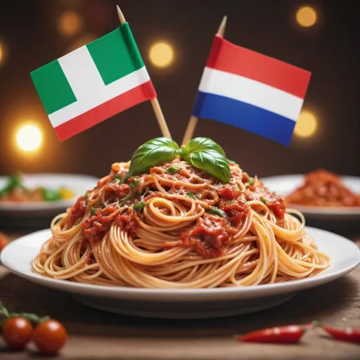 Prompt: Italian and Thai celebrating Italian spaghetti together, background 50% blurred, high quality, only one detailed Italian flag, festive atmosphere, colourful celebration, spaghetti celebration, focus food, calm atmosphere, top banner size, phone size