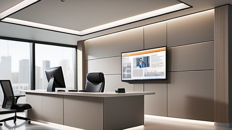 Prompt: The background of the image features a modern and minimalist setting. The wall behind the news desk is painted in a neutral color, such as light gray or beige, creating a clean and unobtrusive backdrop.

In the foreground, a sleek and contemporary news desk is positioned directly facing the camera. The desk is constructed with smooth lines and minimalist design elements, exuding professionalism and sophistication.

The camera, situated at a 90-degree angle to the wall, captures the scene with precision and clarity. No people or office chair behind the desk in the room. Strategically placed lighting fixtures illuminate the news desk, ensuring optimal visibility and enhancing the overall aesthetic appeal.

The ambiance of the image is characterized by its simplicity and functionality, embodying a modern approach to broadcasting and journalism.